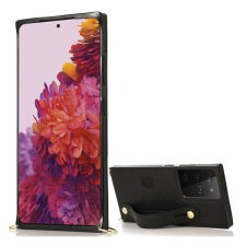 TokShop Samsung Galaxy S21 Ultra 5G SM-G998, Szilikon tok, közepesen ütésálló, stand, bőrhatású hátlap, vállpánttal, kézpánttal, fekete tok és táska