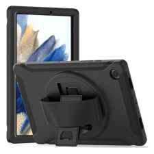 TokShop Samsung Galaxy Tab A8 10.5 (2021) SM-X200 / X205, Műanyag hátlap védőtok, szilikon belső, kitámasztóval, kézpánt, Defender, fekete tablet tok