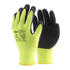 TOP Védőkesztyű latex mártott poliészter lélegző TOP JOB, fekete/sárga, XL