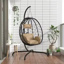  tópszínű polyrattan és acél függő kagylószék párnával kerti bútor