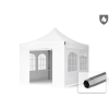  TP 3x3m összecsukható 800N acél pavilon, 4 db oldalfallal, hagyományos ablak, tűzálló - fehér