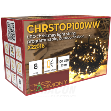 TRACON Karácsonyi programozható fényfüzér, kültéri/beltéri230VAC, 2+10M, 100LED, 3,6W, 2600-2700K, IP44 kültéri izzósor