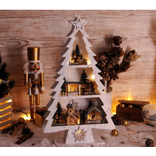 TRACON LED karácsonyi fenyő tájképpel, fehér, fa, elemes világítás
