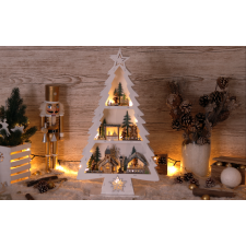 TRACON LED karácsonyi fenyő tájképpel, fehér, fa, elemesTimer 6+18h,13LED, 3000K, 2xAA karácsonyi dekoráció