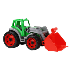 Traktor elülső exkavátorral, játék, többszínű autópálya és játékautó