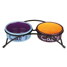 Trixie Bowl Set - kerámia tál (színes,mintás) fém állványban macskák részére (2x0,3l /Ø12cm) macskaeledel