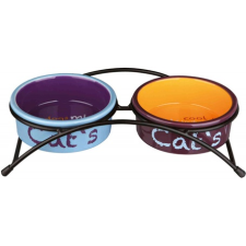 Trixie kék/lila/narancs kerámia tál szett fém állványon macskáknak (2 x 0,3 liter | 12 cm) macskatál