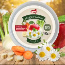 Túlsavasodás, hányinger, hasmenés elleni gyógynövény, zöldség-gyümölcs keverék, 100 g, Leiky vitamin, táplálékkiegészítő kutyáknak
