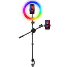 Ulanzi K16 28cm RGB Színes LED Körfény körlámpa Ringlight + 30-82cm C-Clap Asztali Állvány, Dupla-Mobiltartó stúdió lámpa