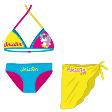  Unikornis fürdőruha szett - bikini háromszög felsőrésszel+szoknya kislányoknak - türkizkék-pink-sárga - 110