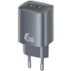 USAMS hálózati töltő 2 Type-C aljzat (45W, GaN, PD gyorstöltő 3.0) SÖTÉTSZÜRKE (CC305TC01) (Usa001597)