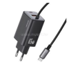 USAMS JC hálózati töltő Type-C aljzat (66W, PD gyorstöltő, GaN + fix Type-C kábel) FEKETE (CC266TC01)
