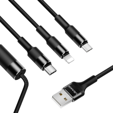 USAMS USB - MicroUSB+Lightning+USB-C Töltőkábel 1m - Fekete kábel és adapter