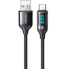 USAMS USB töltő- és adatkábel, USB Type-C, 120 cm, 6000 mA, LED kijelzővel, gyorstöltés, PD, cipőfűző minta, Usams U78, US-SJ544, fekete kábel és adapter