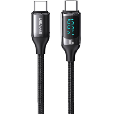 USAMS USB Type-C töltő- és adatkábel, USB Type-C, 120 cm, 5000 mA, 100W, LED kijelzővel, gyorstöltés, PD, cipőfűző minta, Usams U78, US-SJ546, fekete kábel és adapter
