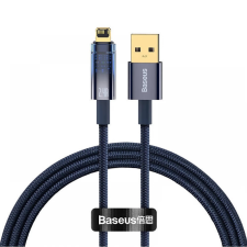  USB töltő- és adatkábel, Lightning, 100 cm, 2400 mA, gyorstöltés, cipőfűző minta, Baseus Explorer, CATS000403, sötétkék kábel és adapter