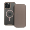 utángyártott Apple iPhone 15 Pro Max, Oldalra nyíló tok, kártyatartóval, átlátszó hátlap, Magsafe kompatibilis, Smart Mag, szürke