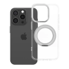 utángyártott Apple iPhone 15 Pro tok, gyűrűs kitámasztóval, kameravédő peremmel, MagSafe, átlátszó-fehér