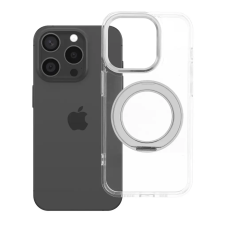 utángyártott Apple iPhone 15 Pro tok, gyűrűs kitámasztóval, kameravédő peremmel, MagSafe, átlátszó-fehér tok és táska