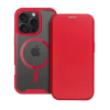 utángyártott Apple iPhone 16 Pro Max, Oldalra nyíló tok, kártyatartóval, átlátszó hátlap, Magsafe kompatibilis, Smart Mag, piros