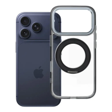 utángyártott Apple iPhone 17 Pro tok, gyűrűs kitámasztóval, kameravédő peremmel, MagSafe, átlátszó-fekete tok és táska
