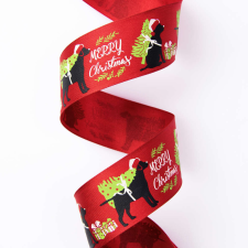Valex Decor Kutyás karácsonyi szalag &quot;Merry Christmas&quot; felirattal, drótos szegéllyel 38mm x 6.4m - Piros szalag, masni