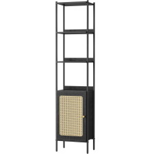 Vasagle 6 szintes könyvespolc, fém keret, Boho Rattan hatású ajtó, 30x40x175 cm, fekete bútor