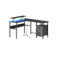 Vasagle L-alakú Gamer Íróasztal LED Világítással és Monitortartóval Fekete LWD095B01 íróasztal