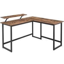 Vasagle L alakú íróasztal monitorállvánnyal, fémkeret, 140x130x76cm, rusztikus barna íróasztal