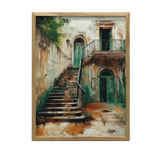 VÁSZON FESTMÉNY FALRA RÉGI LÉPCSŐ VARÁJA KERET NÉLKÜL 30x40 CM grafika, keretezett kép