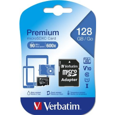 Verbatim Memóriakártya, microSDXC, 128GB, CL10/U1, 90/10 MB/s, adapter, VERBATIM, &quot;Premium&quot; memóriakártya