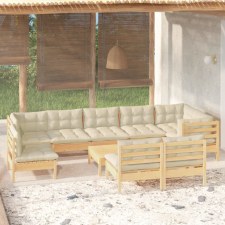 vidaXL 10 darabos tömör fenyőfa kerti ülőgarnitúra krémszínű párnákkal kerti bútor
