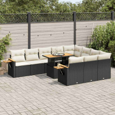 vidaXL 10 részes fekete polyrattan akácfa kerti ülőgarnitúra párnákkal kerti bútor