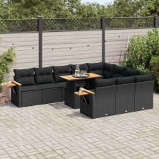 vidaXL 10 részes fekete polyrattan akácfa kerti ülőgarnitúra párnákkal kerti bútor