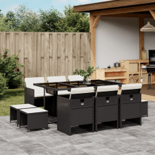 vidaXL 11 részes fekete polyrattan kerti étkezőgarnitúra párnákkal kerti bútor