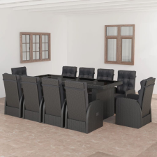 vidaXL 11 részes fekete polyrattan kültéri étkezőszett párnákkal kerti bútor