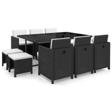 vidaXL 11-részes fekete polyrattan kültéri étkezőszett párnákkal (42523) kerti bútor