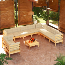 vidaXL 11 részes tömör fenyőfa kerti ülőgarnitúra krémszínű párnákkal kerti bútor