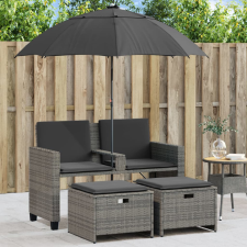 vidaXL 2 személyes szürke polyrattan kerti kanapé napernyővel/székkel kerti bútor