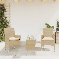 vidaXL 3 részes bézs polyrattan/üveg bisztrógarnitúra párnával kerti bútor