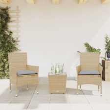 vidaXL 3 részes bézs polyrattan/üveg bisztrógarnitúra párnával kerti bútor