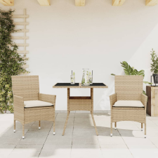vidaXL 3 részes bézs polyrattan/üveg kerti étkezőgarnitúra párnákkal kerti bútor