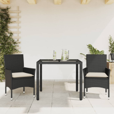 vidaXL 3 részes fekete polyrattan/üveg kerti étkezőgarnitúra párnákkal kerti bútor