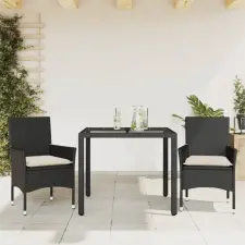 vidaXL 3 részes fekete polyrattan/üveg kerti étkezőgarnitúra párnákkal kerti bútor