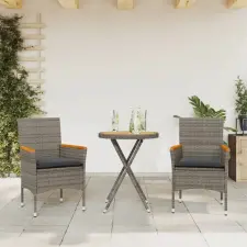 vidaXL 3 részes szürke polyrattan és akácfa bisztrószett párnákkal kerti bútor
