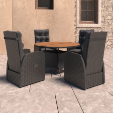  vidaXL 5 részes fekete polyrattan kültéri étkezőszett párnákkal kerti bútor