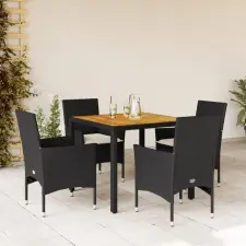 vidaXL 5részes fekete polyrattan/akácfa kerti étkezőgarnitúra párnákkal kerti bútor
