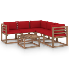vidaXL 6 részes impregnált fenyőfa kerti ülőgarnitúra piros párnával kerti bútor