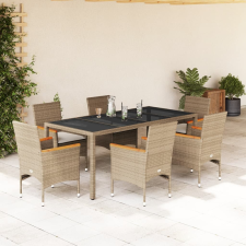 vidaXL 7 részes bézs polyrattan/üveg kerti étkezőgarnitúra párnákkal kerti bútor