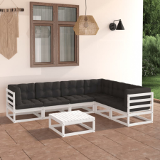 vidaXL 7 részes fehér tömör fenyőfa kerti ülőgarnitúra párnákkal kerti bútor